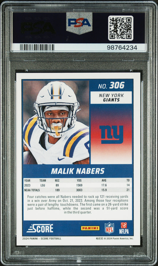 Graded 2024 Panini Score Malik Nabers #306 Scorecard Rookie RC Football Card PSA 10 Gem Mint