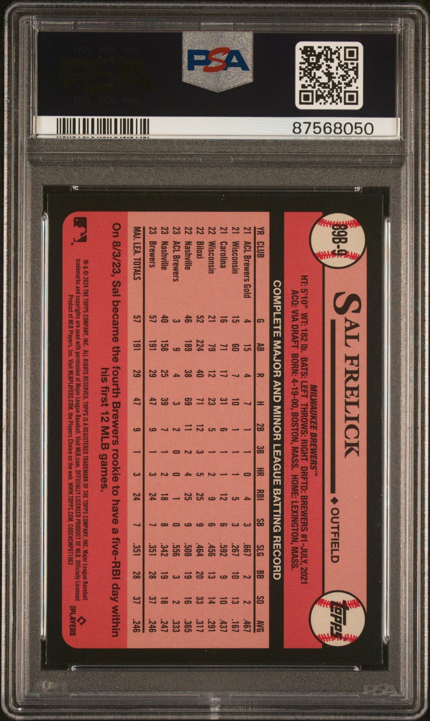 Graded 2024 Topps Sal Frelick #89B9 1989 Topps Rookie RC Baseball Card PSA 10 Gem Mint