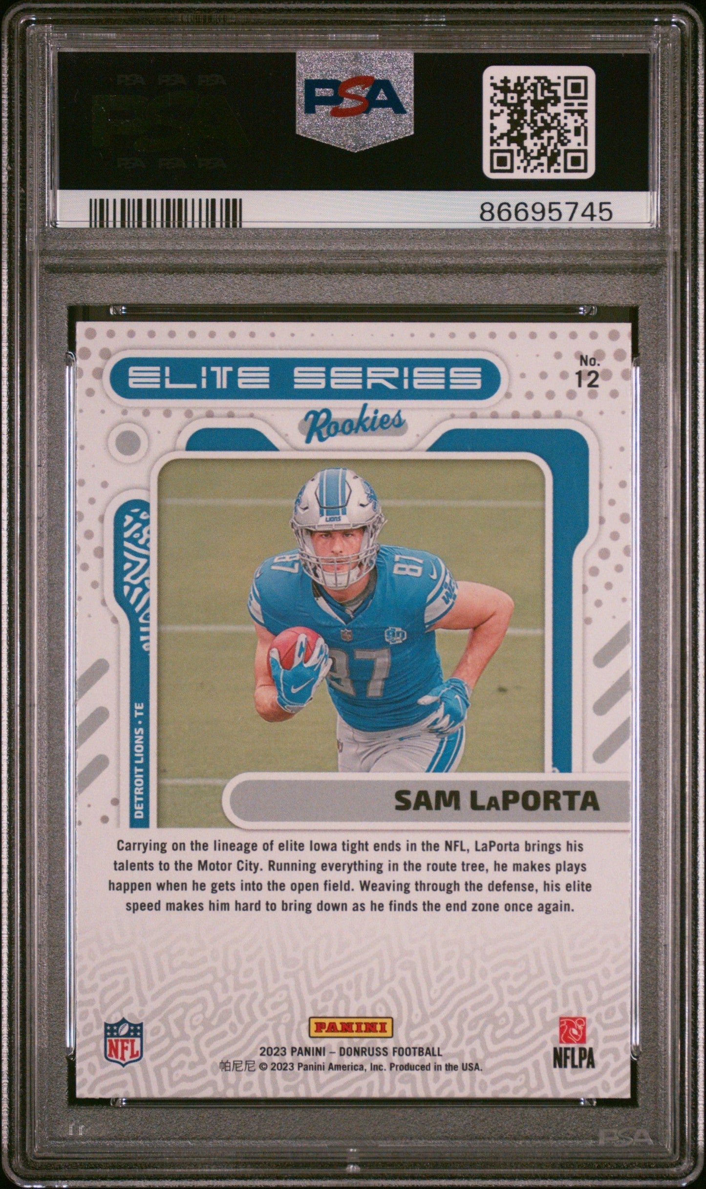 Graded 2023 Panini Donruss Sam LaPorta #12 Elite Series Rookies RC Football Card PSA 10 Gem Mint