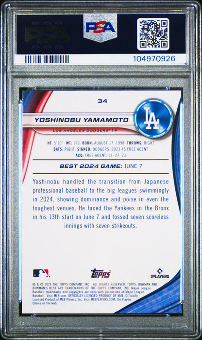 Graded 2024 Topps Bowmans Best Yoshinobu Yamamoto #34 Rookie RC Baseball Card PSA 10 Gem Mint