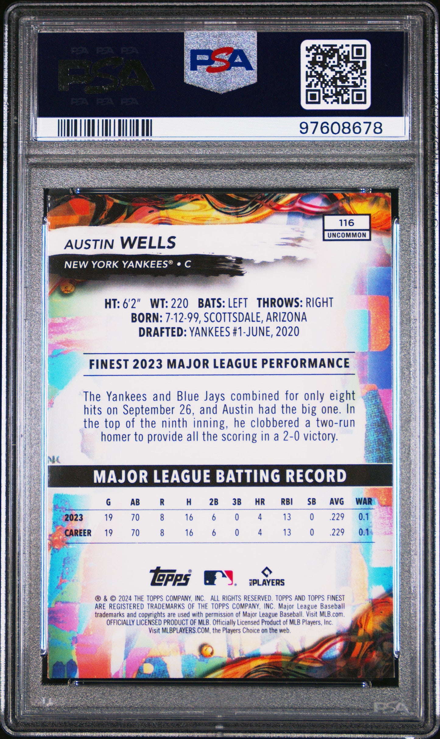 Graded 2024 Topps Finest Austin Wells #116 Checkerboard Refractor Rookie RC Baseball Card PSA 10 Gem Mint