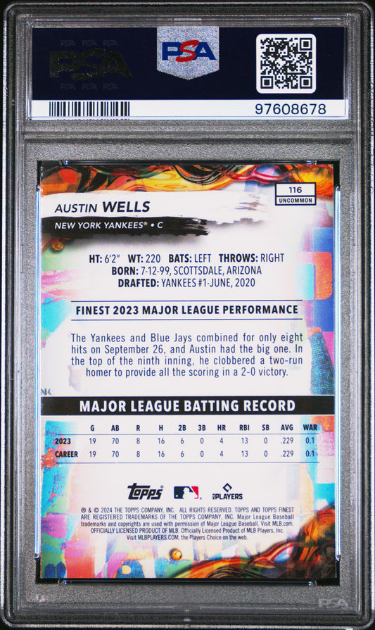 Graded 2024 Topps Finest Austin Wells #116 Checkerboard Refractor Rookie RC Baseball Card PSA 10 Gem Mint