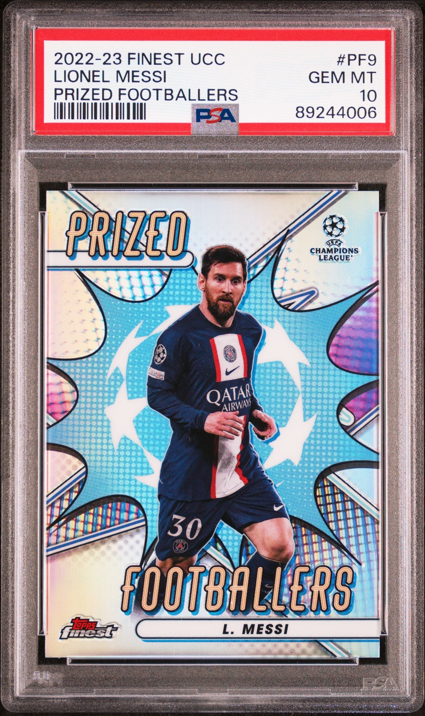 Graded 2022 Topps Finest UCC Lionel Messi #PF9 Prized Footballers Soccer Card PSA 10 Gem Mint