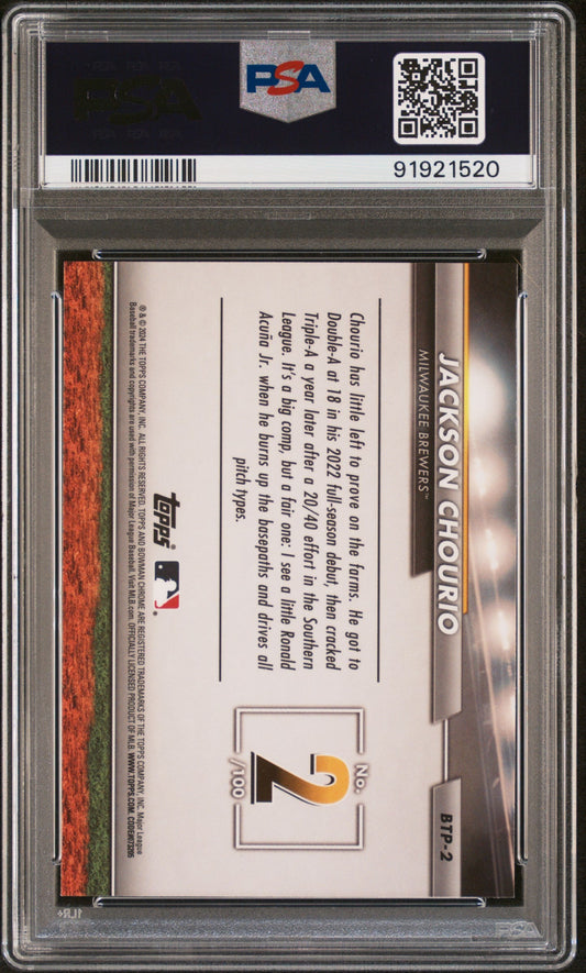 Graded 2024 Topps Bowman Jackson Chourio #BTP2 Scouts Top 100 Rookie RC Baseball Card PSA 10 Gem Mint