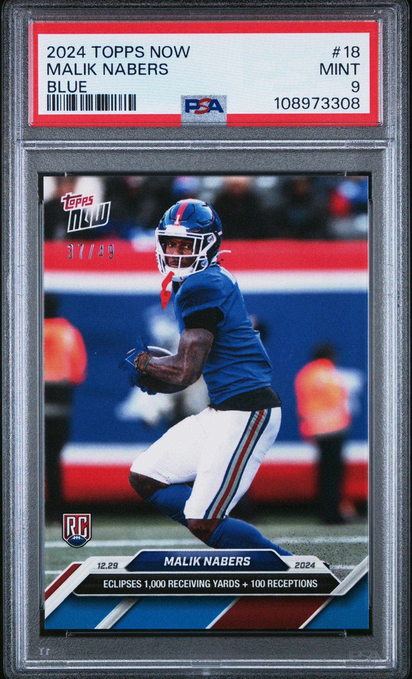Graded 2024 Topps Now Malik Nabers #18 Blue /49 Rookie RC Football Card PSA 9 Mint