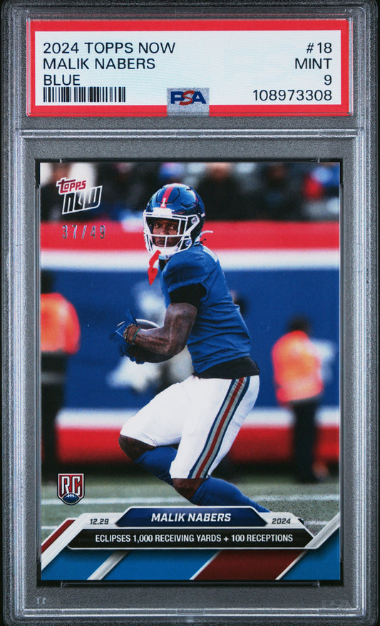 Graded 2024 Topps Now Malik Nabers #18 Blue /49 Rookie RC Football Card PSA 9 Mint