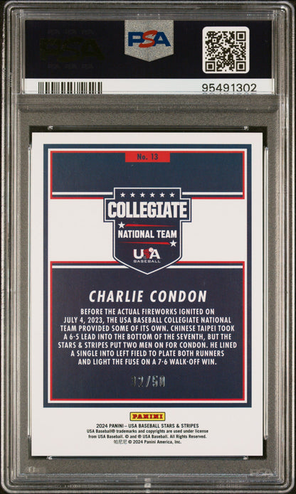 Graded 2024 Panini Stars & Stripes USA Charlie Condon #13 Stars & Stripes #/50 Rookie RC Baseball Card PSA 10 Gem Mint