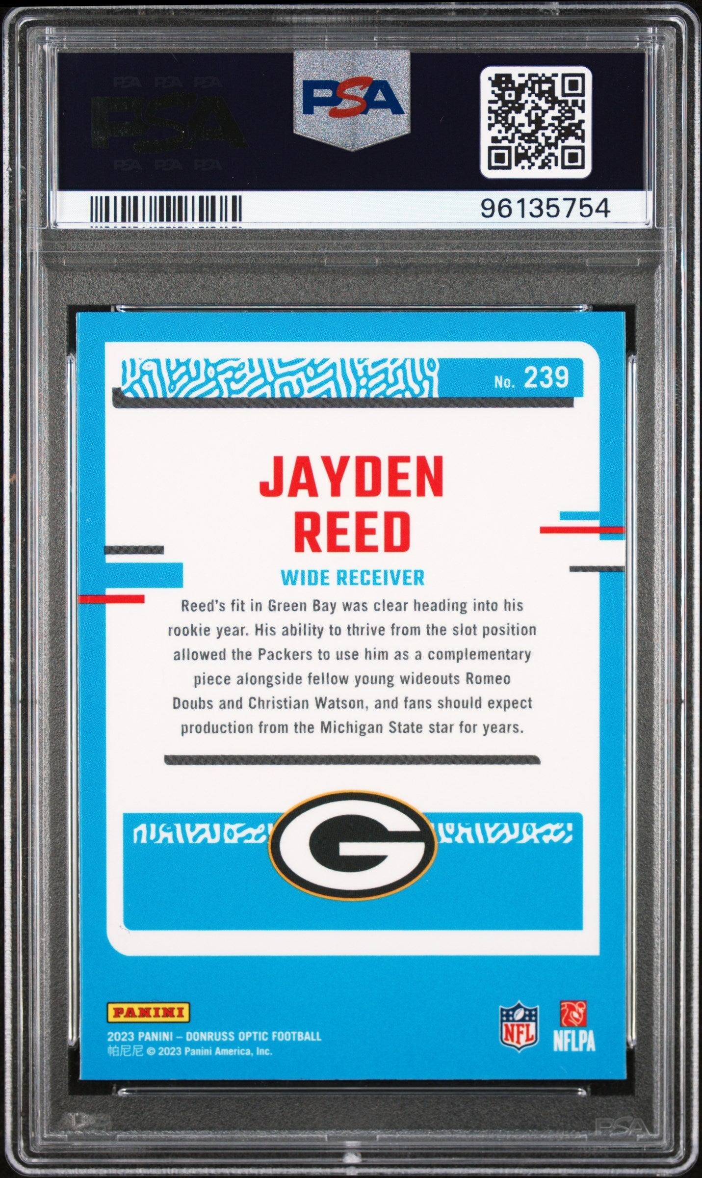 Graded 2023 Panini Donruss Optic Jayden Reed #239 Rookie RC Football Card PSA 10 Gem Mint