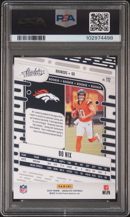 Graded 2024 Panini Absolute Bo Nix #112 Rookie RC Football Card PSA 10 Gem Mint
