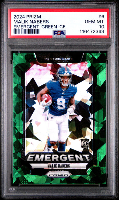 Graded 2024 Panini Prizm Malik Nabers #6 Emergent Green Ice Rookie RC Football Card PSA 10 Gem Mint