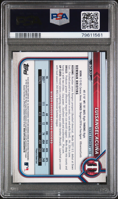 Graded 2022 Topps Bowman Luisangel Acuna #BCP72 Chrome Prospects Aqua Shimmer Refractor #/125 Rookie RC Baseball Card PSA 10 Gem Mint
