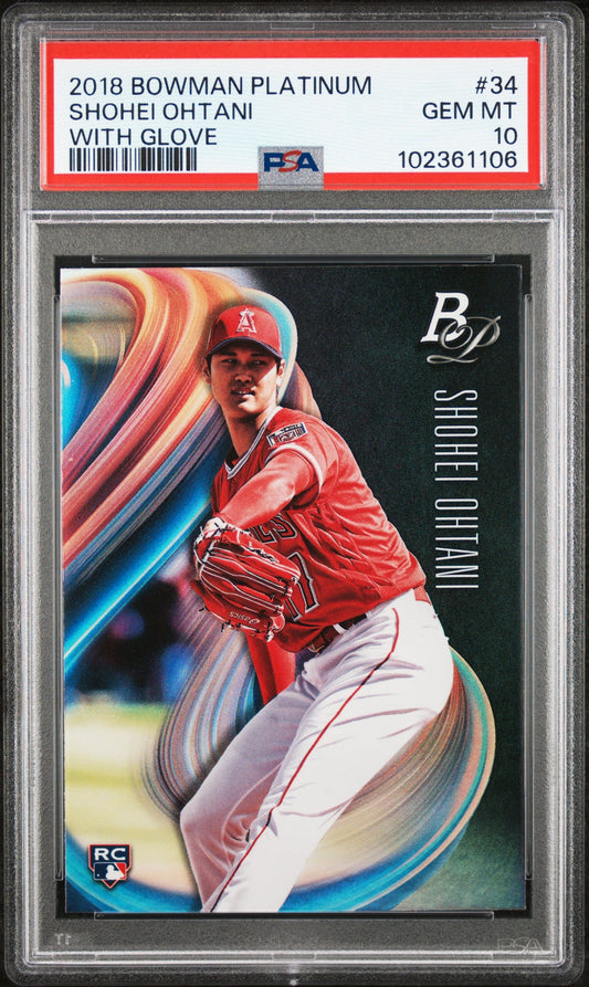 Graded 2018 Topps Bowman Platinum Shohei Ohtani #34 With Glove Rookie RC Baseball Card PSA 10 Gem Mint