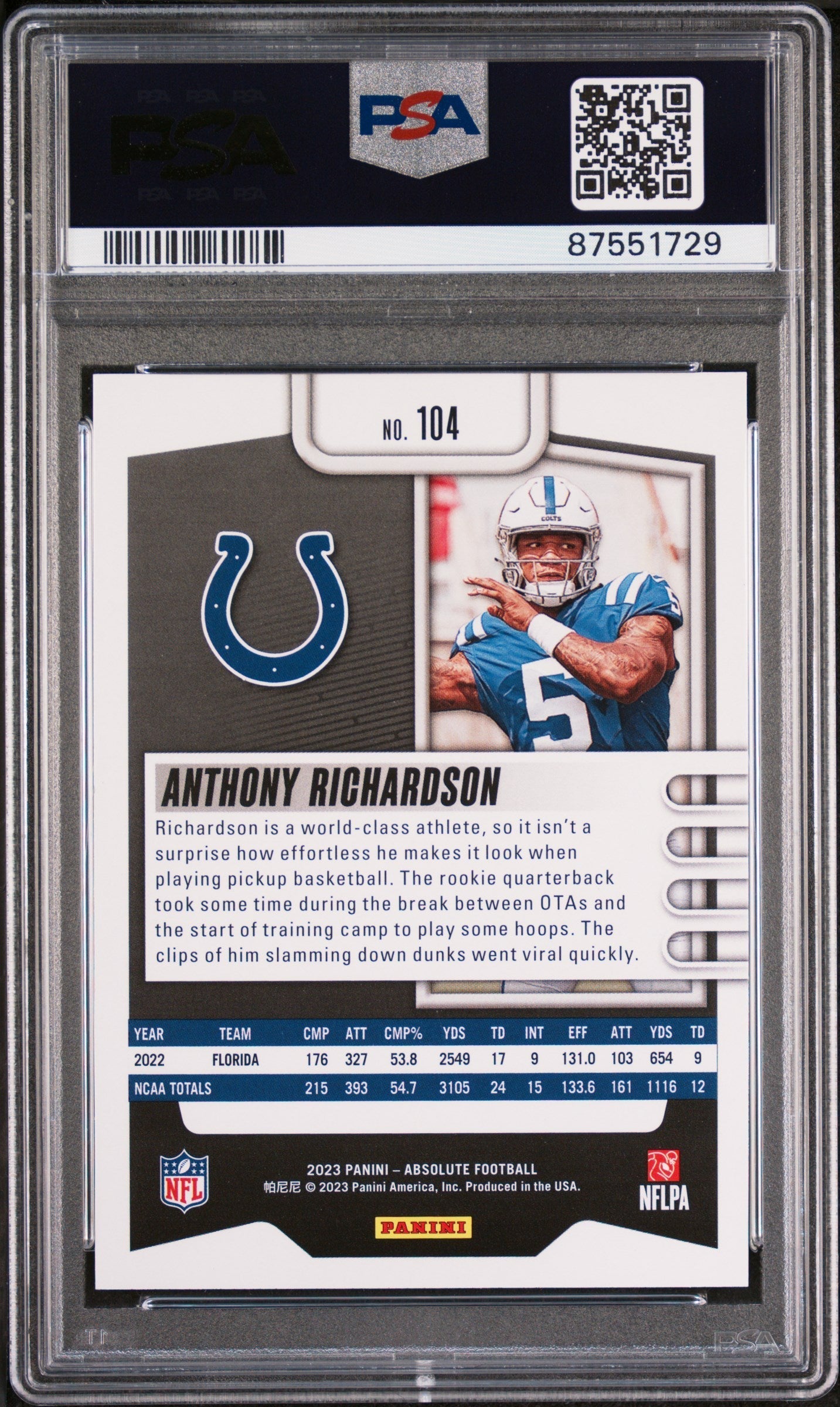 Graded 2023 Panini Absolute Anthony Richardson #104 Rookie RC Football Card PSA 10 Gem Mint