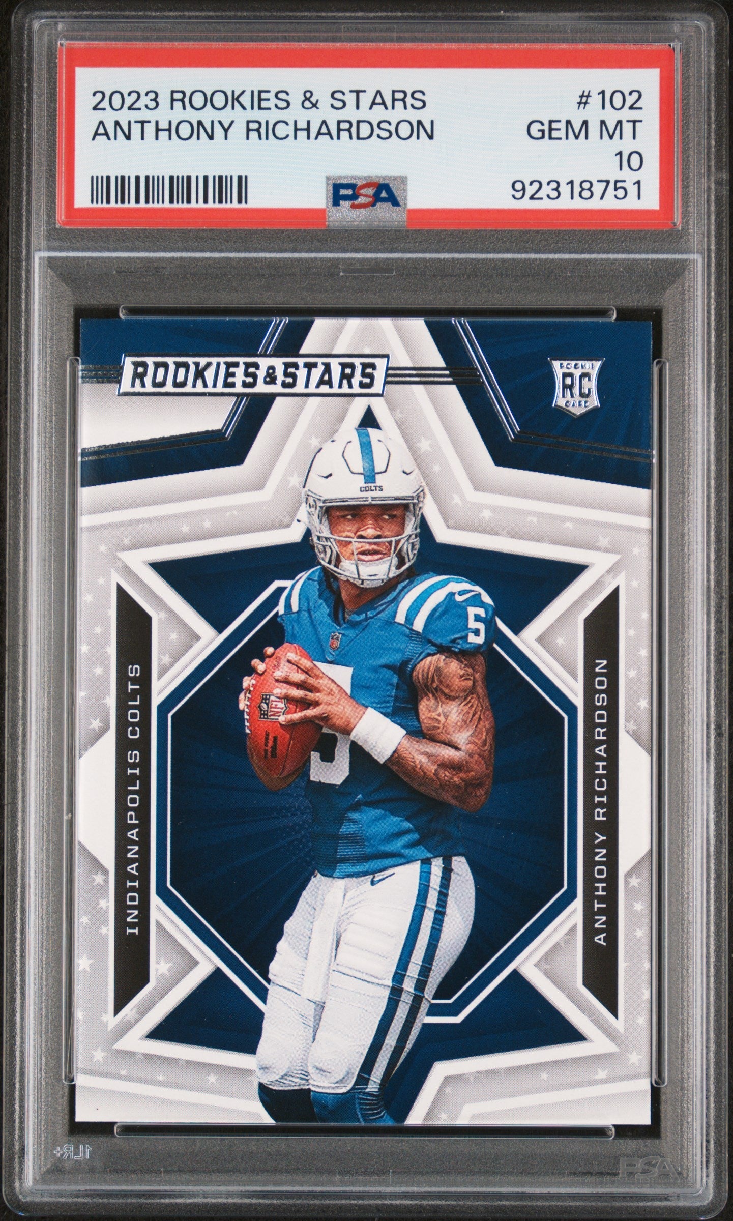 Graded 2023 Panini Rookies & Stars Anthony Richardson #102 Rookie RC Football Card PSA 10 Gem Mint