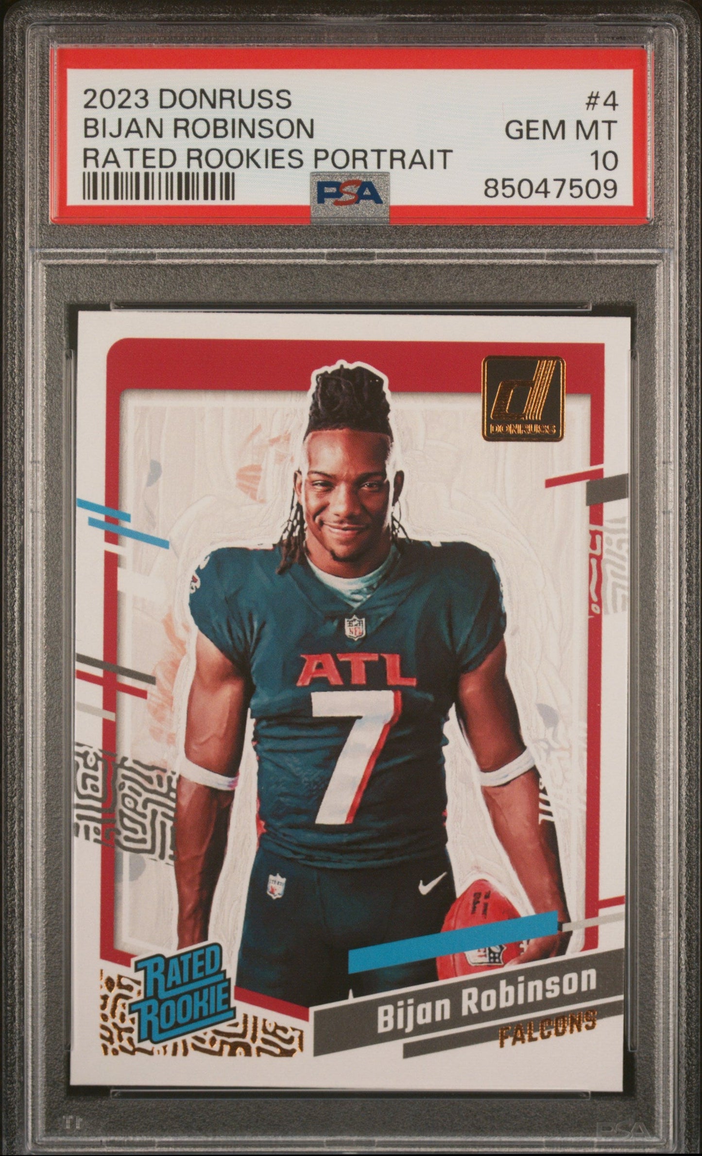 Graded 2023 Panini Donruss Bijan Robinson #4 Rated Rookies Portrait Rookie RC Football Card PSA 10 Gem Mint
