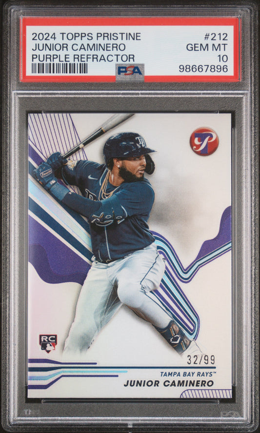 Graded 2024 Topps Pristine Junior Caminero #212 Purple Refractor /99 Rookie RC Baseball Card PSA 10 Gem Mint