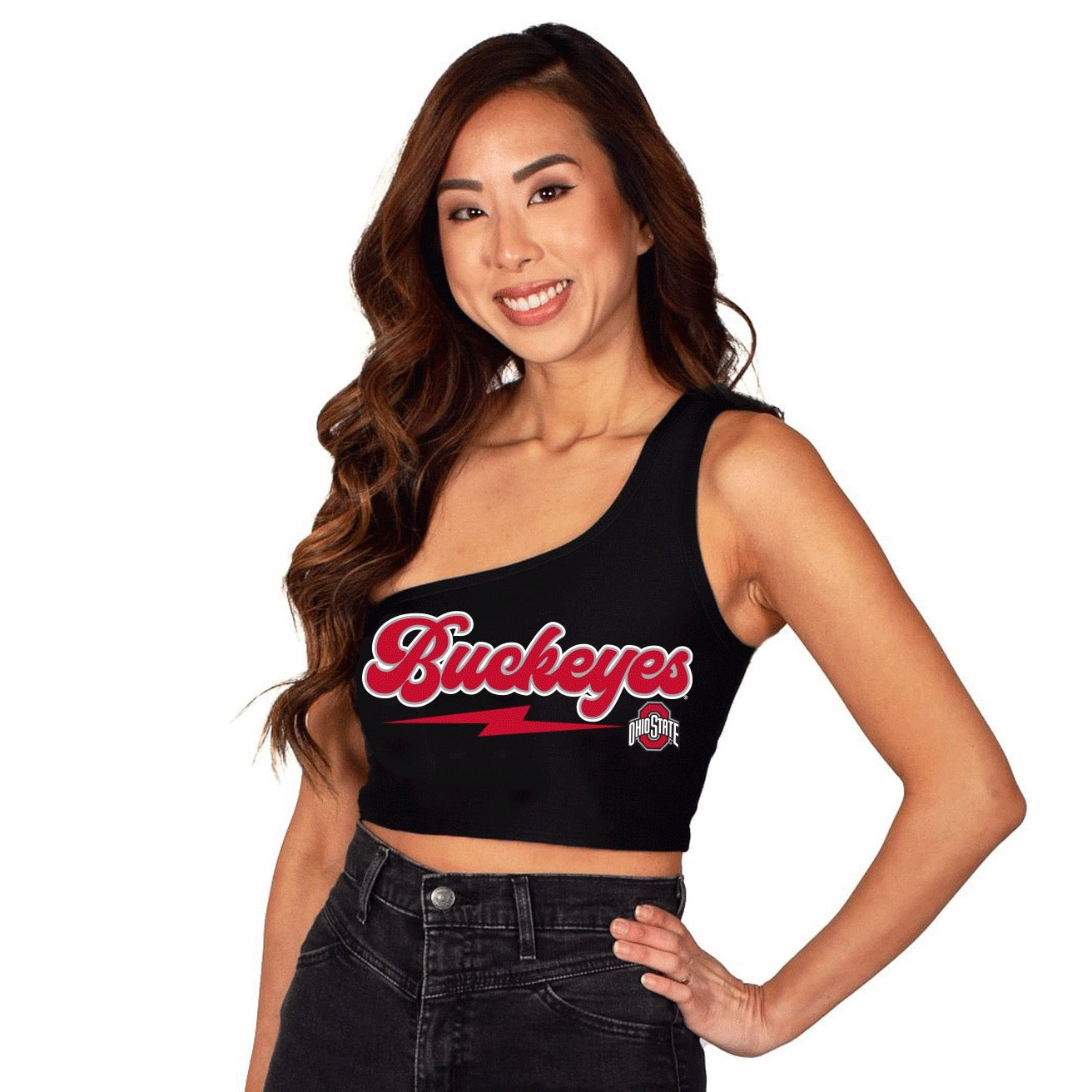 Ohio State OSU Buckeyes Lightning Black Shoulder Top