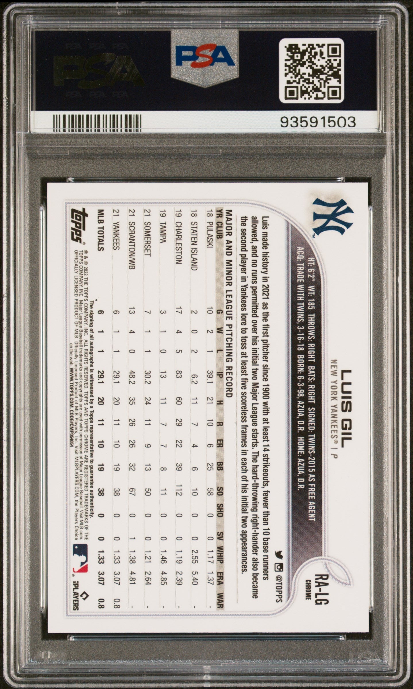 Graded 2022 Topps Chrome Luis Gil #RALG Rookie Autograph Rookie RC Baseball Card PSA 10 Gem Mint