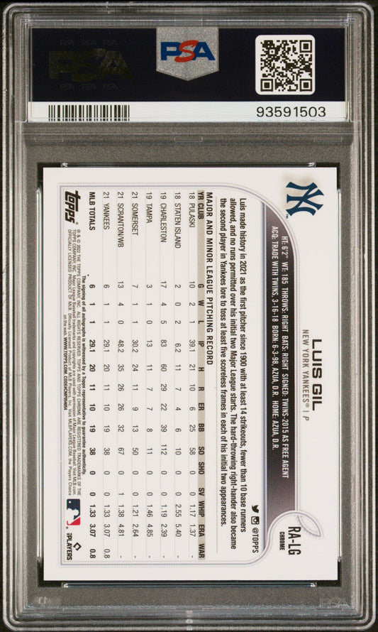 Graded 2022 Topps Chrome Luis Gil #RALG Rookie Autograph Rookie RC Baseball Card PSA 10 Gem Mint