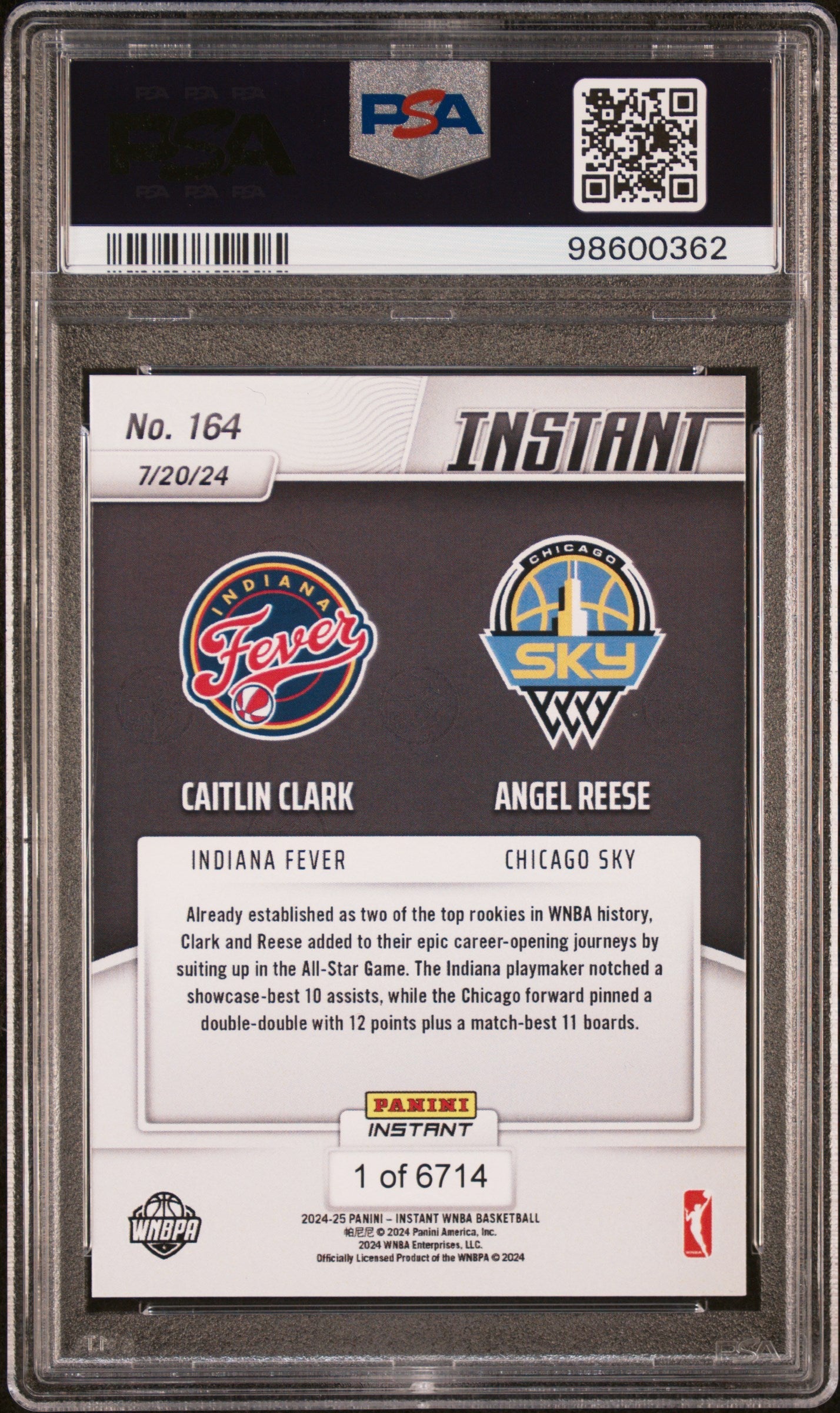 Graded 2024 Panini Instant WNBA Caitlin Clark/Angel Reese #164 All Star Game Rookie RC Basketball Card PSA 10 Gem Mint