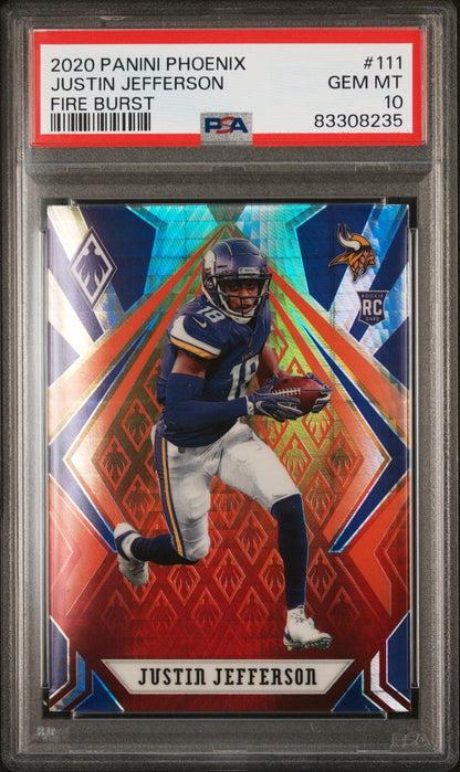 Graded 2020 Panini Phoenix Justin Jefferson #111 Fire Burst Rookie RC Football Card PSA 10 Gem Mint