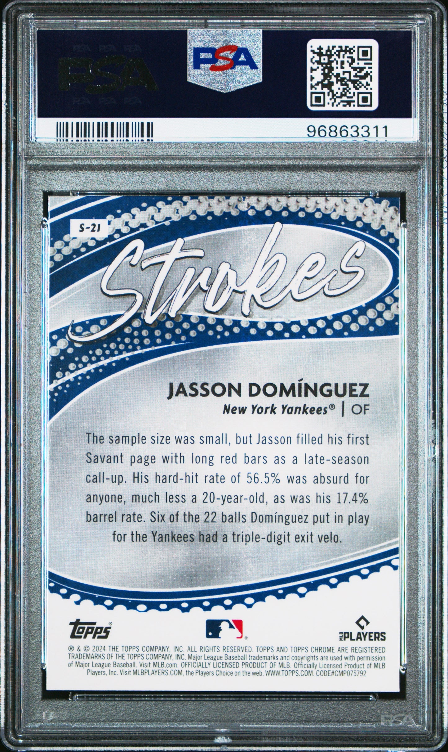 Graded 2024 Topps Chrome Jasson Dominguez #S21 Strokes Rookie RC Baseball Card PSA 10 Gem Mint