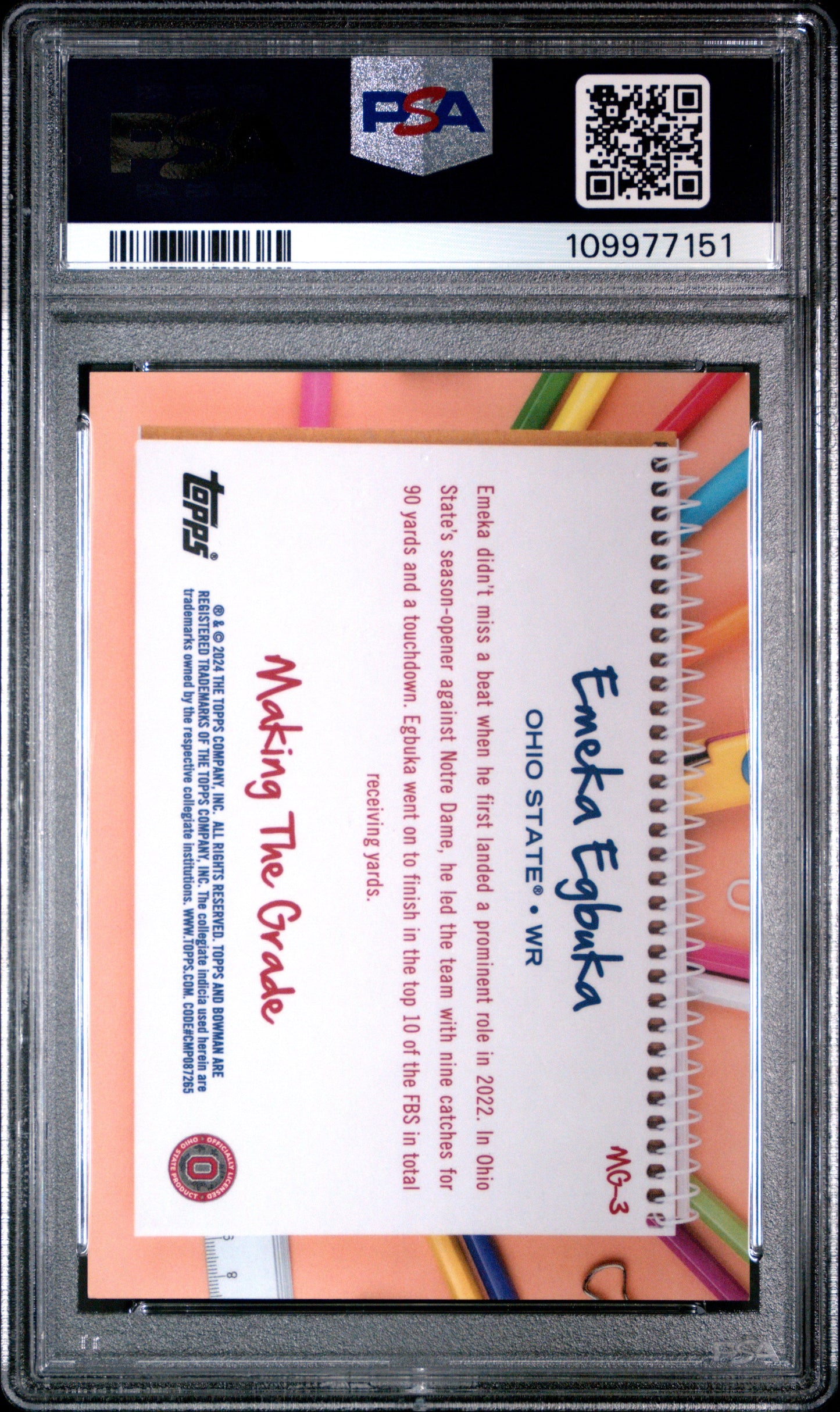 Graded 2024 Topps Bowman Best University Emeka Egbuka #MG3 Making the Grade Rookie RC Football Card PSA 10 Gem Mint