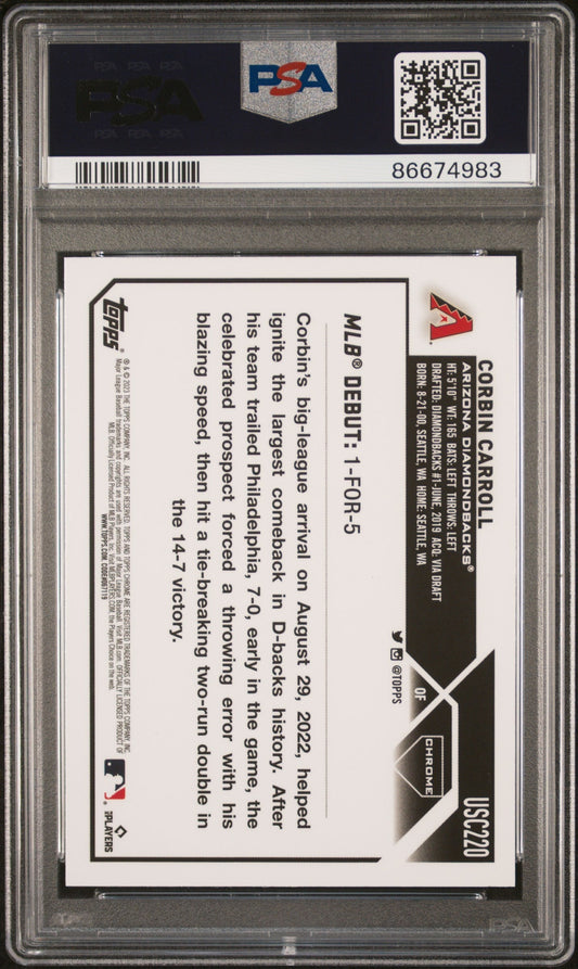 Graded 2023 Topps Chrome Update Corbin Carroll #USC220 Prism Rookie RC Baseball Card PSA 10 Gem Mint