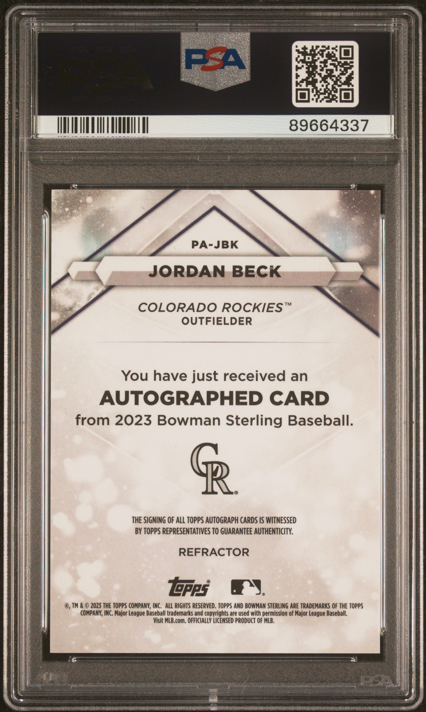 Graded 2023 Topps Bowman Sterling Jordan Beck #PAJBK Prospect Auto Refractor #/150 Rookie RC Baseball Card PSA 10 Gem Mint