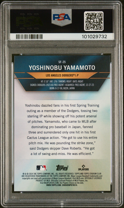 Graded 2024 Topps Stadium Club Yoshinobu Yamamoto #SF25 Special Forces Rookie RC Baseball Card PSA 10 Gem Mint