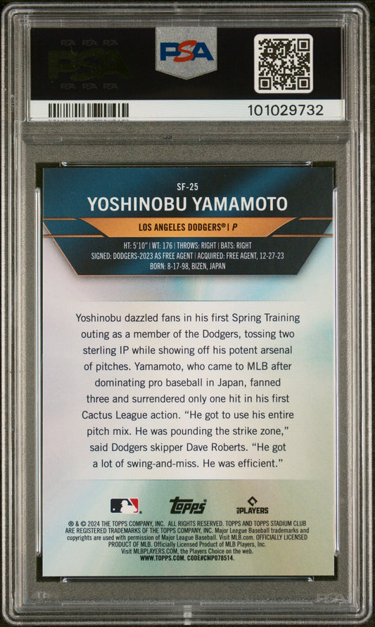 Graded 2024 Topps Stadium Club Yoshinobu Yamamoto #SF25 Special Forces Rookie RC Baseball Card PSA 10 Gem Mint