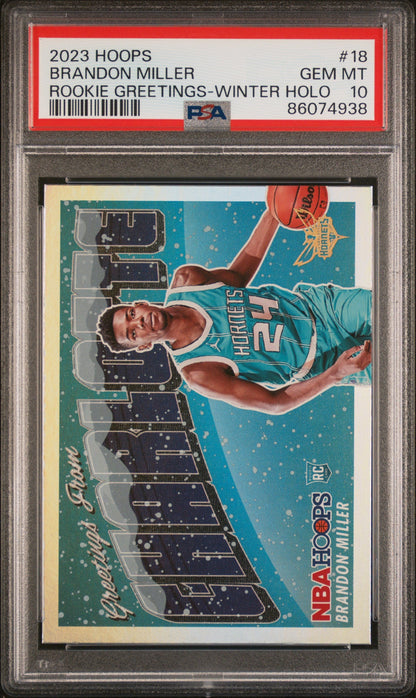 Graded 2023 Panini NBA Hoops Brandon Miller #18 Rookie Greetings Winter Holo Rookie RC Basketball Card PSA 10 Gem Mint