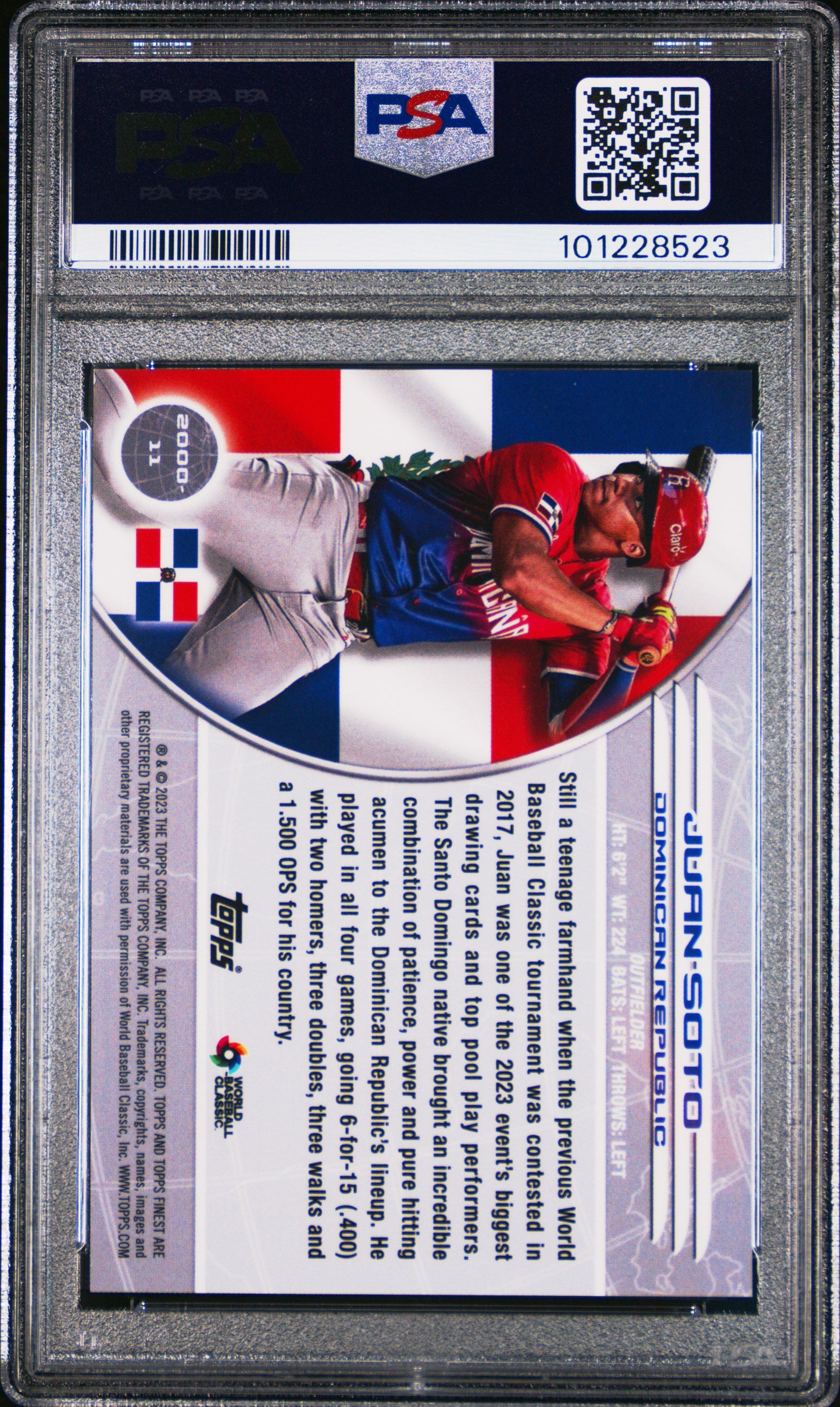Graded 2023 Topps Finest Juan Soto #11 '00 Worlds Finest Gold Mini Diamond #/50 Baseball Card PSA 10 Gem Mint
