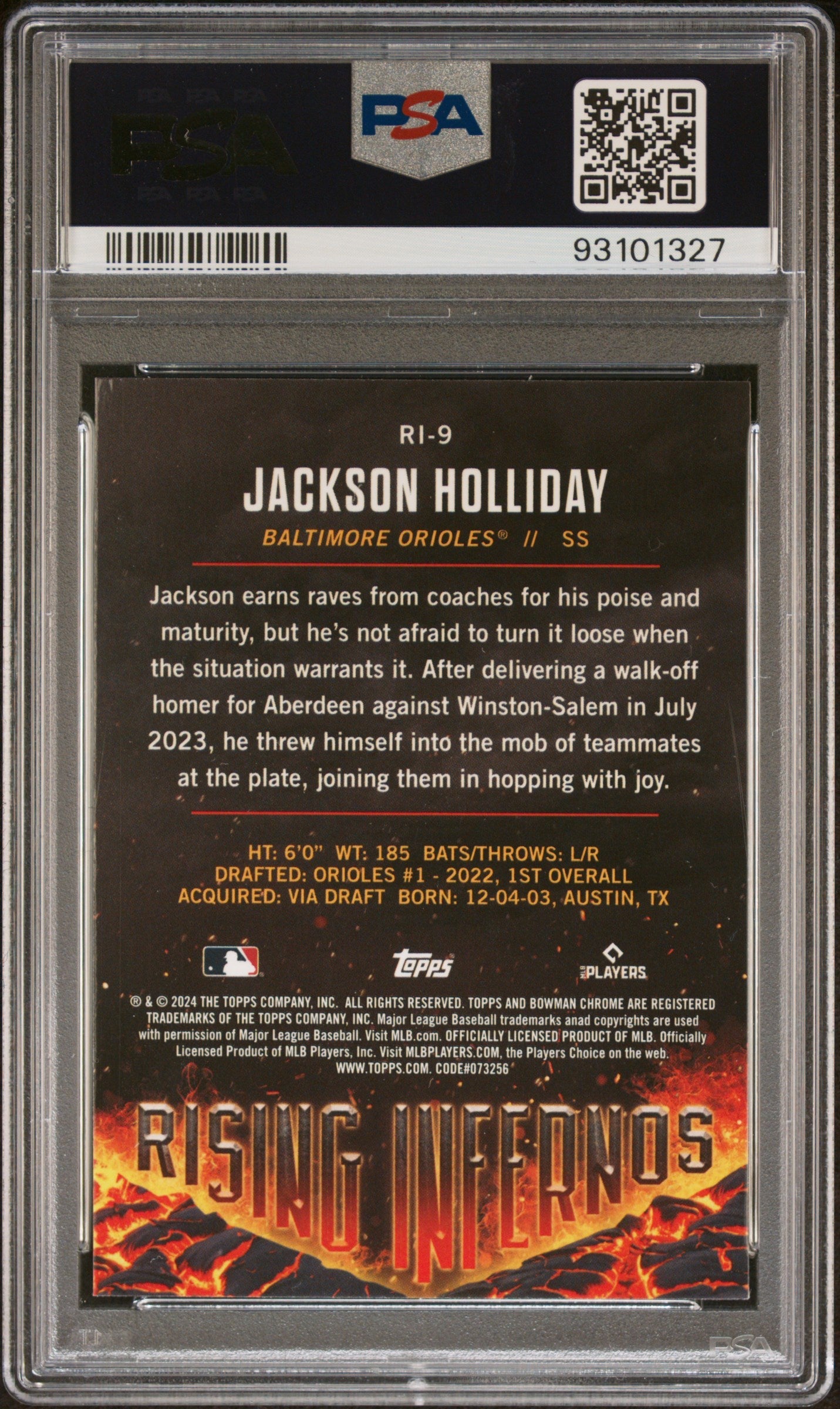 Graded 2024 Topps Bowman Jackson Holliday #RI9 Rising Infernos Rookie RC Baseball Card PSA 10 Gem Mint