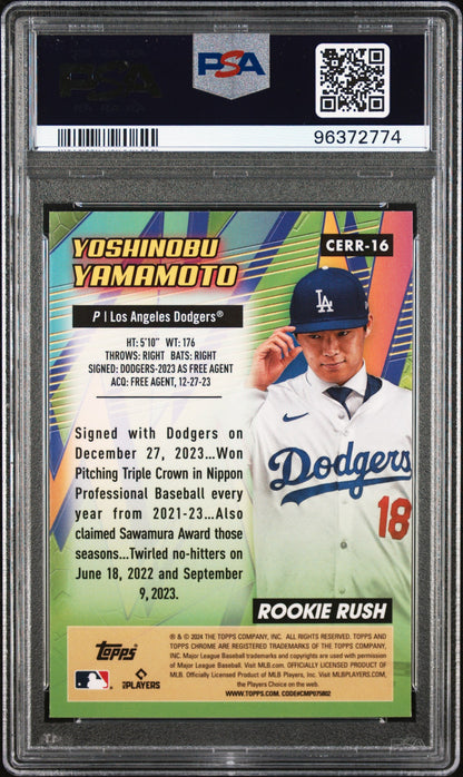 Graded 2024 Topps Chrome Yoshinobu Yamamoto #16 All Etch Rookie Rush Rookie RC Baseball Card PSA 10 Gem Mint