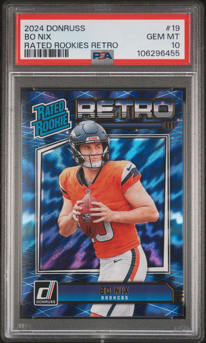 Graded 2024 Panini Donruss Bo Nix #19 Rated Rookies Retro Rookie RC Football Card PSA 10 Gem Mint