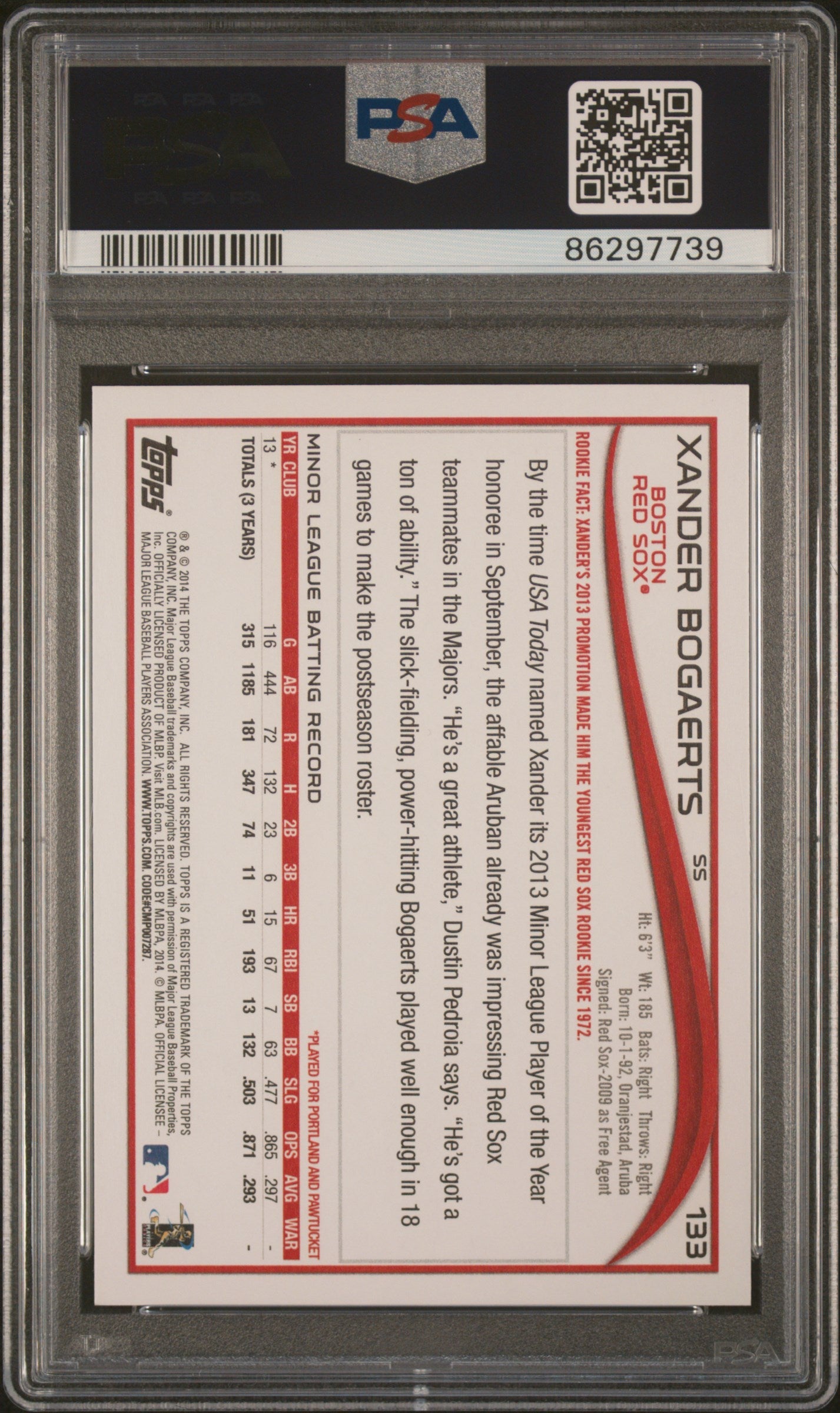 Graded 2014 Topps Xander Bogaerts #133 No Sparkle On Ball Rookie RC Baseball Card PSA 10 Gem Mint