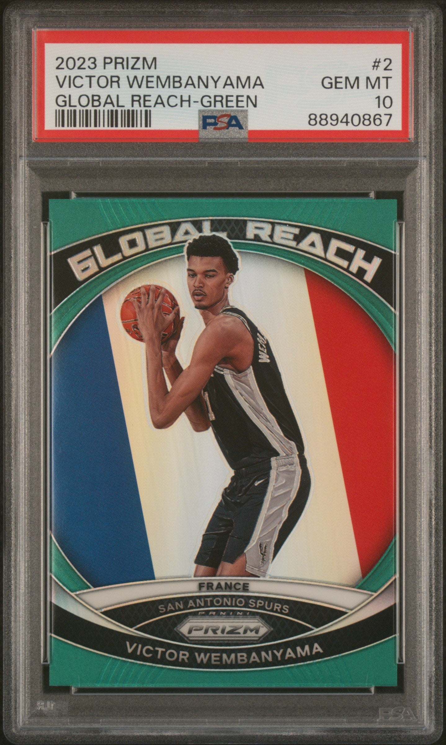 Graded 2023 Panini Prizm Victor Wembanyama #2 Global Reach Green Rookie RC Basketball Card PSA 10 Gem Mint