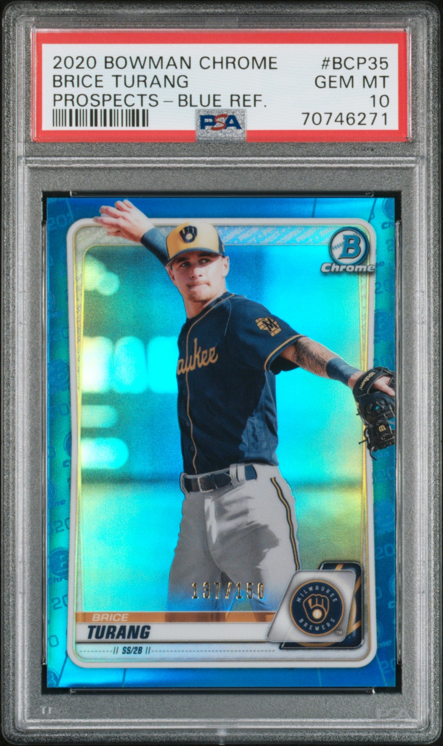 Graded 2020 Topps Bowman Chrome Brice Turang #BCP35 Prospects Blue Refractor #/150 Rookie RC Baseball Card PSA 10 Gem Mint