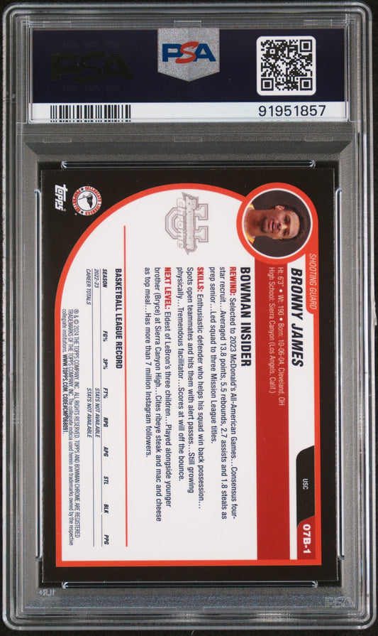 Graded 2023 Topps Bowman U Chrome Bronny James #07B1 2007-08 Bowman Rookie RC Basketball Card PSA 10 Gem Mint