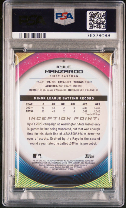 Graded 2022 Topps Bowman Inception Kyle Manzardo #89 Gold Foil Pattern II #/50 Rookie RC Baseball Card PSA 10 Gem Mint
