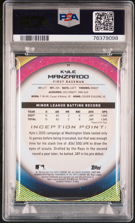 Graded 2022 Topps Bowman Inception Kyle Manzardo #89 Gold Foil Pattern II #/50 Rookie RC Baseball Card PSA 10 Gem Mint