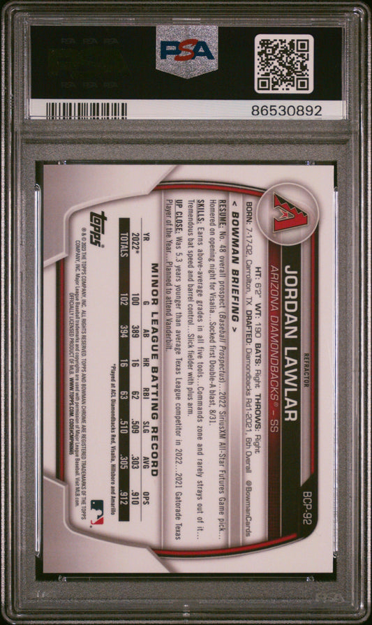 Graded 2023 Topps Bowman Jordan Lawler #BCP92 Chrome Prospects Refractor #/499 Rookie RC Baseball Card PSA 10 Gem Mint