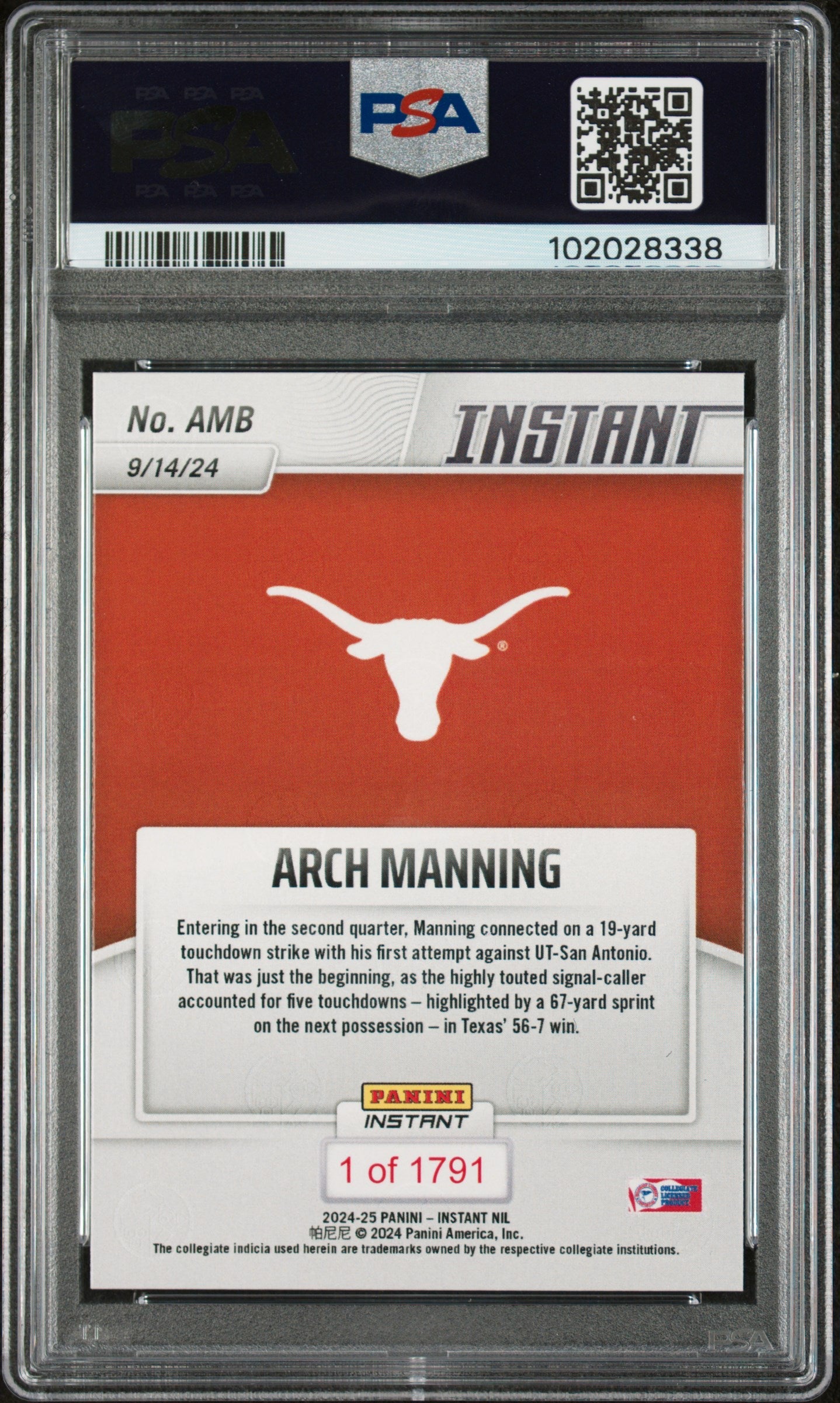 Graded 2024 Panini Instant NIL Arch Manning #AMB Rookie RC Football Card PSA 10 Gem Mint