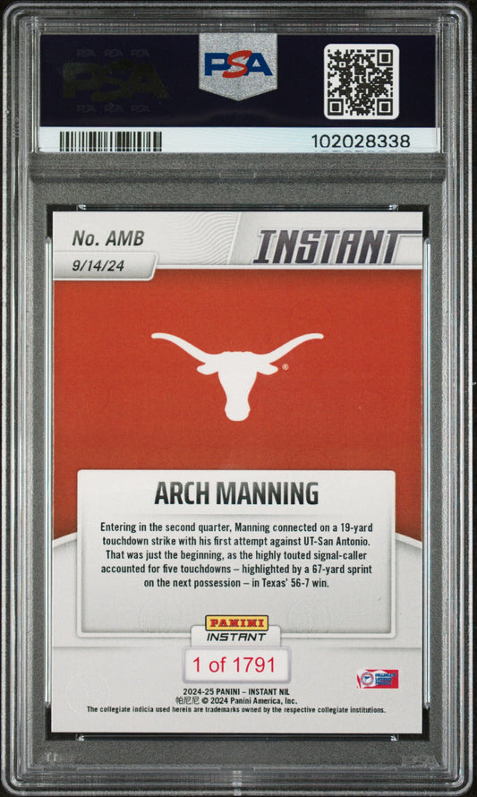 Graded 2024 Panini Instant NIL Arch Manning #AMB Rookie RC Football Card PSA 10 Gem Mint