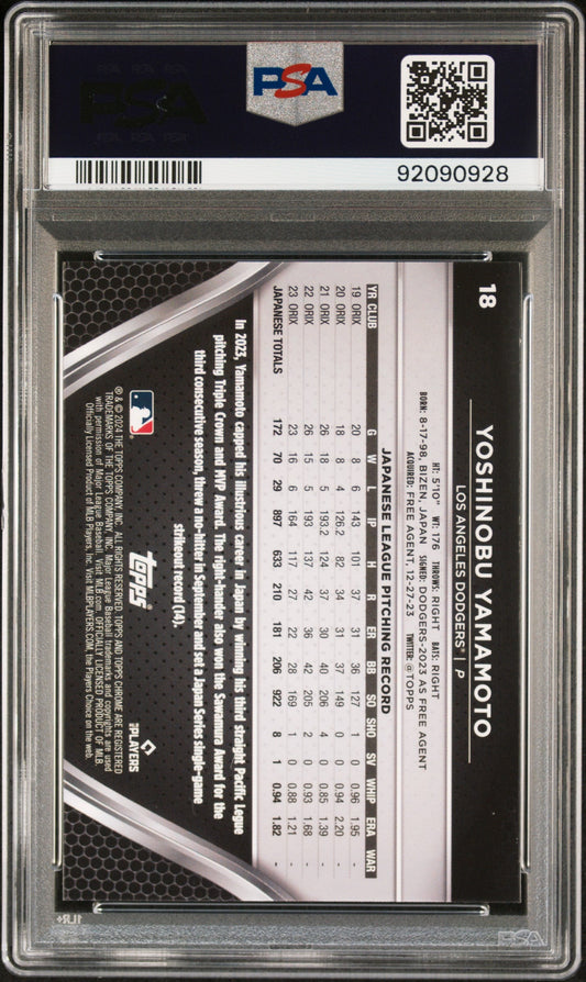 Graded 2024 Topps Chrome Black Yoshinobu Yamamoto #18 Rookie RC Baseball Card PSA 10 Gem Mint