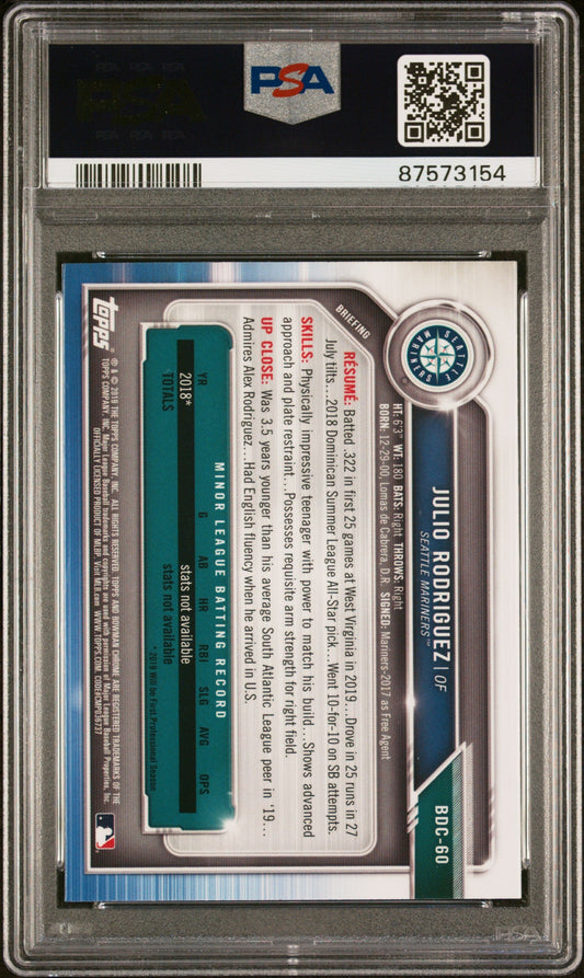 Graded 2019 Topps Bowman Draft Julio Rodriguez #BDC60 Chrome Rookie RC Baseball Card PSA 10 Gem Mint