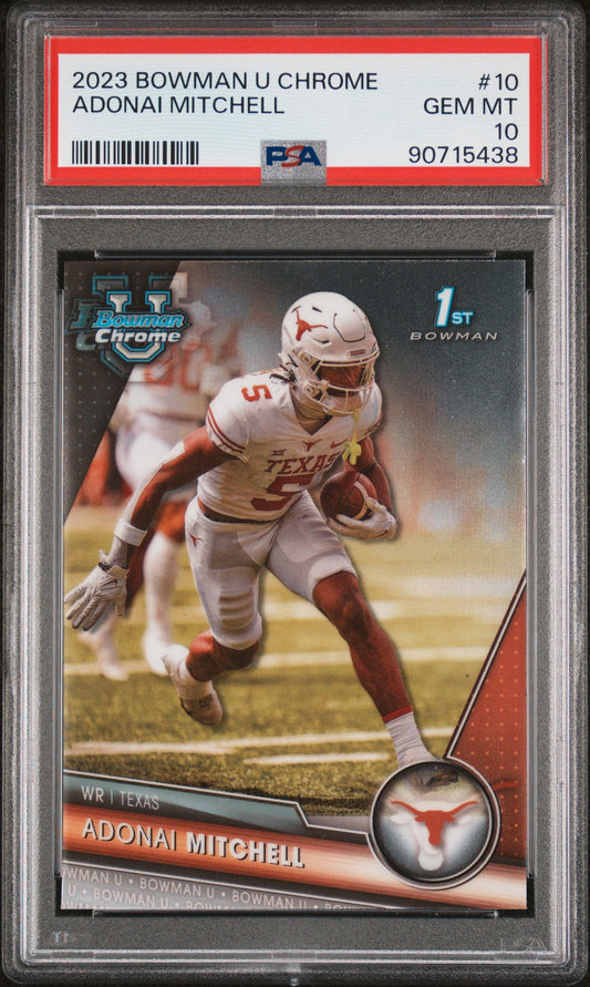 Graded 2023 Topps Bowman U Chrome Adonai Mitchell #10 Rookie RC Football Card PSA 10 Gem Mint