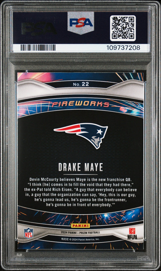 Graded 2024 Panini Prizm Drake Maye #22 Fireworks Rookie RC Football Card PSA 10 Gem Mint