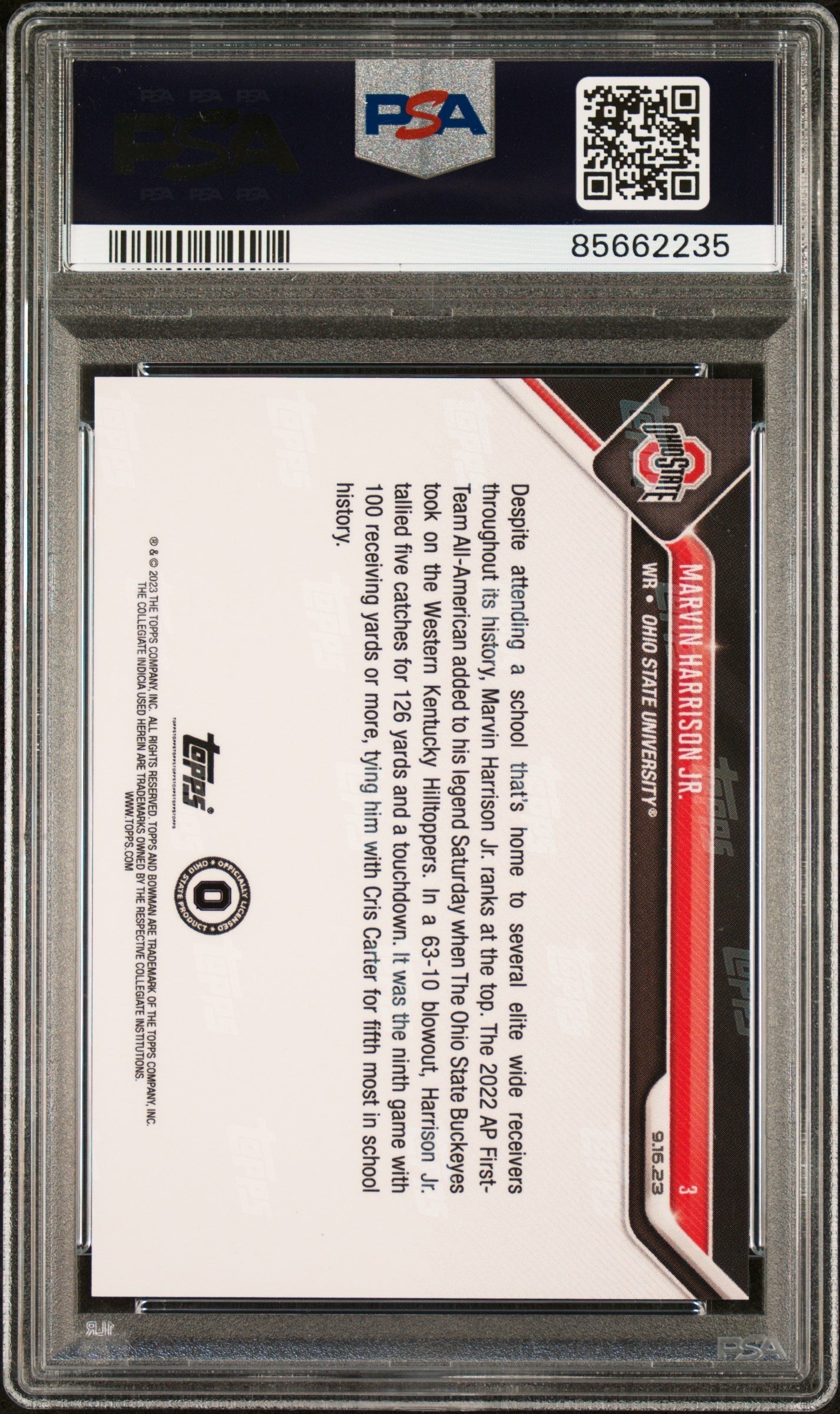 Graded 2023 Topps Bowman U Now Marvin Harrison Jr #3 Rookie RC Football Card PSA 10 Gem Mint